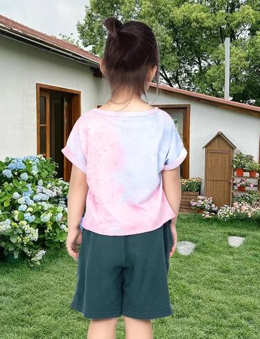 Girls Crop Top Tie Dye Short Sleeve Summer T Shirt Rolled Cuffs Tie Hem Fashion Shirts Tee 6-15 Years in Kuwait