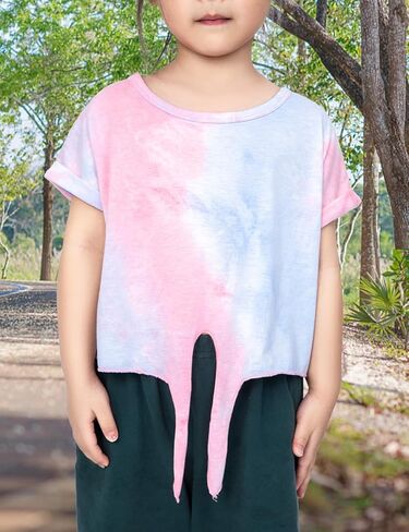 Girls Crop Top Tie Dye Short Sleeve Summer T Shirt Rolled Cuffs Tie Hem Fashion Shirts Tee 6-15 Years in Kuwait