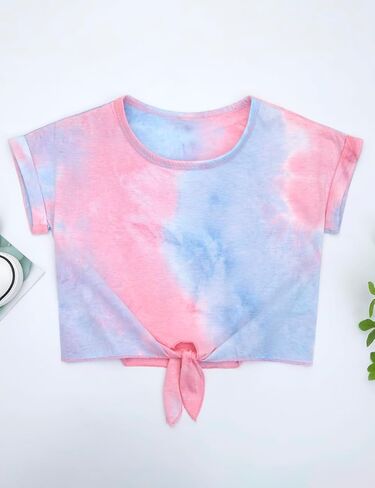 Girls Crop Top Tie Dye Short Sleeve Summer T Shirt Rolled Cuffs Tie Hem Fashion Shirts Tee 6-15 Years in Kuwait