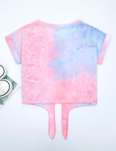 Girls Crop Top Tie Dye Short Sleeve Summer T Shirt Rolled Cuffs Tie Hem Fashion Shirts Tee 6-15 Years in Kuwait