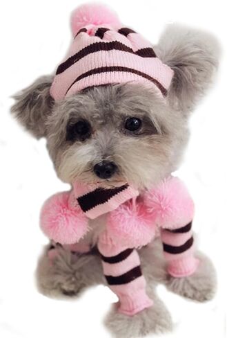 ANIAC 6 PCS Winter Knitted Dog Hat Scarf and Leg Warmer Set Puppy Warm knitting Hat with Ear Holes Pet Pompom Cap & Collar Christmas Costume Suit for Cats Small Dogs (X-Small, Pink) in Saudi Arabia