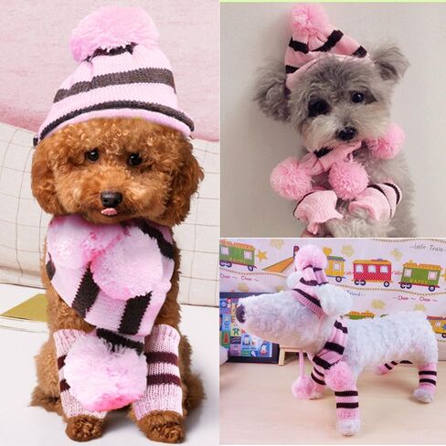 ANIAC 6 PCS Winter Knitted Dog Hat Scarf and Leg Warmer Set Puppy Warm knitting Hat with Ear Holes Pet Pompom Cap & Collar Christmas Costume Suit for Cats Small Dogs (X-Small, Pink) in Saudi Arabia