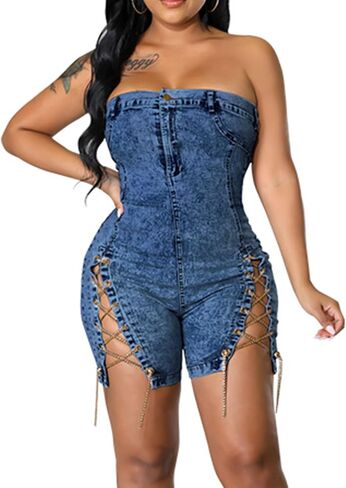 xxxiticat Women's Off Shoulder Denim Romper Sleeveless Strapless Chain Lace Up Bandage Cutout Bodycon Short Jumpsuit in Saudi Arabia