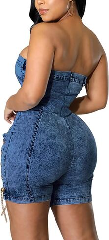xxxiticat Women's Off Shoulder Denim Romper Sleeveless Strapless Chain Lace Up Bandage Cutout Bodycon Short Jumpsuit in Saudi Arabia