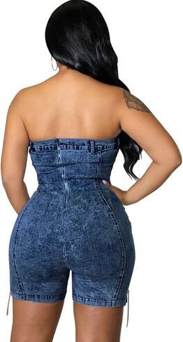 xxxiticat Women's Off Shoulder Denim Romper Sleeveless Strapless Chain Lace Up Bandage Cutout Bodycon Short Jumpsuit in Saudi Arabia