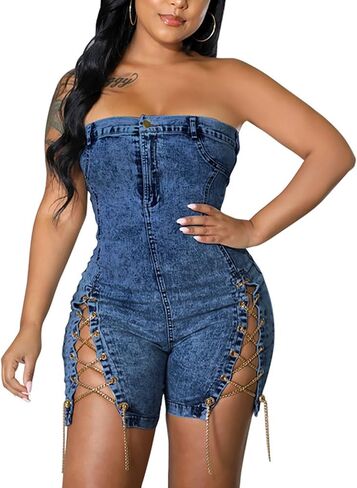 xxxiticat Women's Off Shoulder Denim Romper Sleeveless Strapless Chain Lace Up Bandage Cutout Bodycon Short Jumpsuit in Saudi Arabia