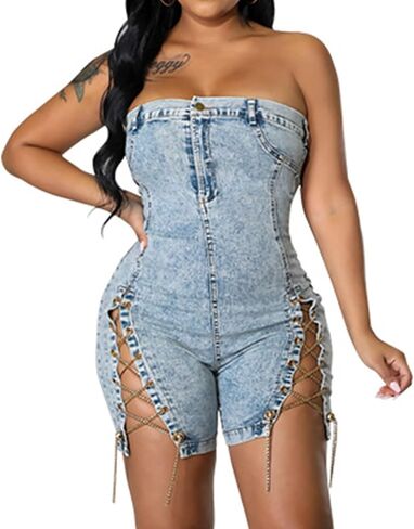 xxxiticat Women's Off Shoulder Denim Romper Sleeveless Strapless Chain Lace Up Bandage Cutout Bodycon Short Jumpsuit in Saudi Arabia