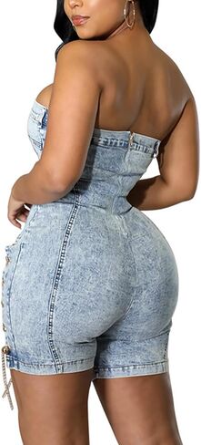 xxxiticat Women's Off Shoulder Denim Romper Sleeveless Strapless Chain Lace Up Bandage Cutout Bodycon Short Jumpsuit in Saudi Arabia