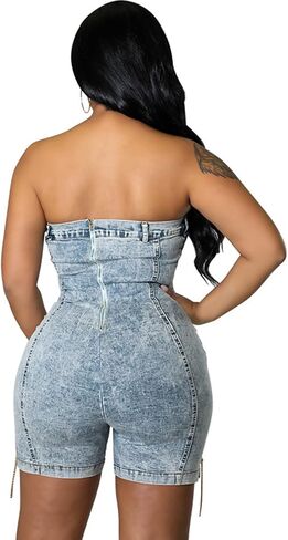 xxxiticat Women's Off Shoulder Denim Romper Sleeveless Strapless Chain Lace Up Bandage Cutout Bodycon Short Jumpsuit in Saudi Arabia