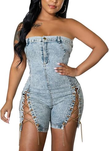 xxxiticat Women's Off Shoulder Denim Romper Sleeveless Strapless Chain Lace Up Bandage Cutout Bodycon Short Jumpsuit in Saudi Arabia