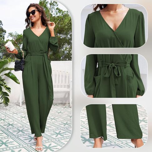 Women's Long Sleeve Jumpsuits for Women Dressy Casual Fall V Neck Wide leg Pants Rompers One Piece Outfits in Saudi Arabia