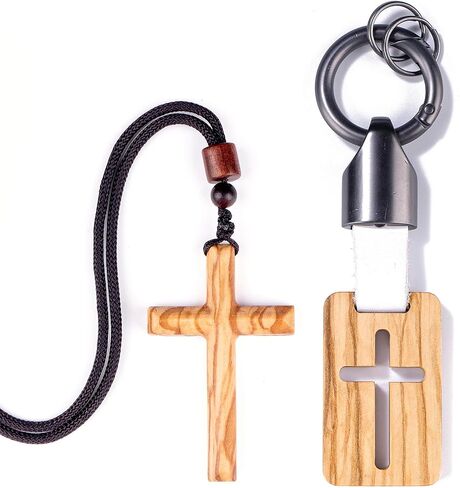 Wooden Cross Necklace Keychain Set of 2, Walnut Olive Wood Cross Keyring Pendant Gift for Men Women in Saudi Arabia