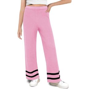 Haloumoning Girls Knitted Wide Leg Pants Kids Casual Striped Elastic Waist Sweater Pants 5-14 Years