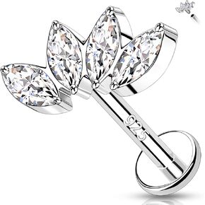 Melighting 925 Sterling Silver Cartilage Earring 16G Flat Back Internally Threaded Helix Earring Vine-Shape Clear CZ 8mm Cartilage Piercing For Women Tragus Earring