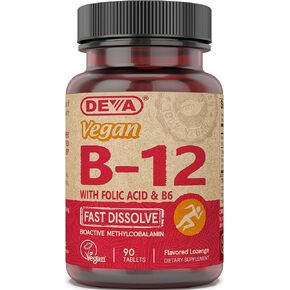 DEVA Vegan Vitamin B12 Fast Dissolve Supplement - Once-Per-Day Complex with 1000 Mcg Methylcobalamin B12, Folic Acid, B6 - Lemon Flavor - 90 Dissolvable Tablets,