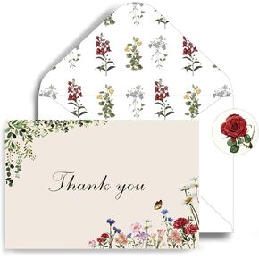 Thank You Cards with envelopes, 4x6 Inch Vintage Flower Blank Notes, Elegant Floral Design, Thank You Cards for Birthday, Wedding, Anniversary, 20 Pack