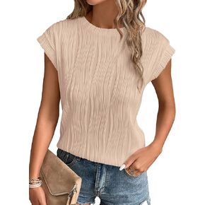 PRETTYGARDEN Women's Summer Going Out Tops Dressy Casual Crewneck Short Sleeve Textured Basic Cute Trendy T Shirts Tee Blouse
