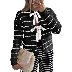 Saodimallsu Womens Striped Tie Front Cardigan Sweaters Crew Neck Long Sleeve Cable Knit Bow Knot Trendy Sweater Tops