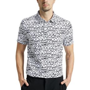 Mens High Stretch Golf Polo Shirts Dry Fit Short Sleeve Printed Striped Shirts