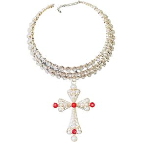 Dark Punk Gothic Lolita Necklace - Gemstone Beads with Crucifix Cross, Catholic Crystal Rosary, Unique Pearl Jewelry Gifts for Women Short 01
