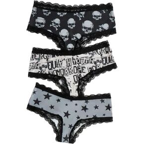 WDIRARA Women's 3 Pack Skull Graphic Print Lace Trim Underwear Panty Set