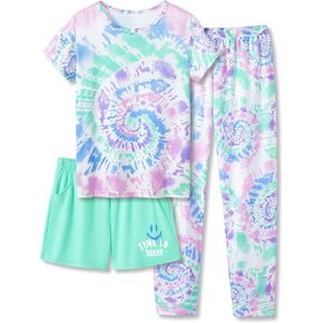 Tebbis Trendy Tie Dye Violet Green Pajamas for Girls 3 Pieces Soft Tee Shorts & Pants PJ Comfy Jammies Set Size 6-18