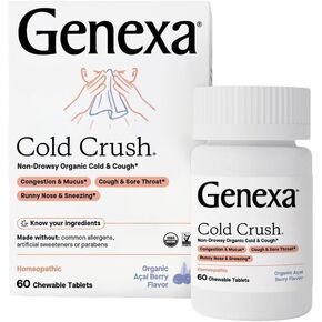 Genexa Cold Crush | Multi-Symptom Cough & Cold Relief for Adults | Delicious Organic Acai Berry Flavor | Certified Organic & Non-GMO | Homeopathic Remedy Made Clean | 60 Chewable Tablets