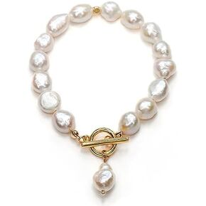 Irregular Baroque Pearl Bracelets Pearl Bangle 18K Gold Plated Buckle Freshwater Pearl Bracelets Everyday Jewelly for Women (a)