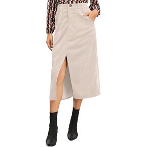 Happy Sailed Women’s High Waist Split A Line Corduroy Skirt Casual Fall Midi Skirts with Pockets