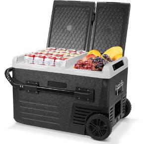 ثلاجة سيارة 12 فولت، فريزر محمول سعة 48 لترًا (45 لترًا)، ثلاجة مزدوجة المنطقة بمقبض وعجلات، مبرد كهربائي من 4 إلى 68 درجة فهرنهايت، 12/24 فولت تيار مستمر و100-240 فولت تيار متردد للأماكن الخارجية، والتخييم، والمركبات الترفيهية، والسفر، والشاحنات in Kuwait