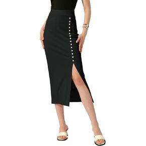 Allegra K Women's Long Pencil Skirt Casual Business Button Decor Ribbed Knit Basic Bodycon Midi Skirts Skorts