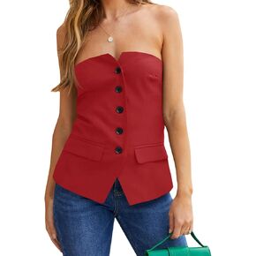 Tankaneo Womens Strapless Top Blazer Vest Notched Neck Tube Tops Sleeveless Button Fitted Work Blazers
