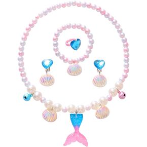 Aged 4-8 Girls Mermaid Jewelry Set Includes Pearl Necklace, Bracelet, Ring, and Earrings, Perfect for Dress-Up, Party, or Daily Wear for Birthdays, Holidays, or School Gifts