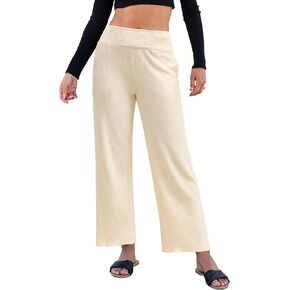 GRAPENT Ribbed Wide Leg Pants Woman High Waisted Pull On Lounge Fleece Knit Fall Smocked Elastic Waist Pants with Pocket