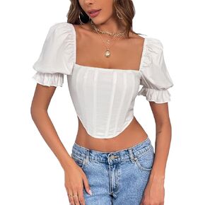 Women's Crop Tops Cute Ruffle Short Sleeve Shirt Off Shoulder Zip Up Top Summer Blouses