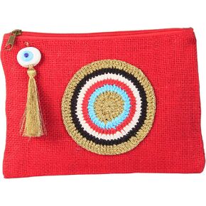 Evil Eye Jute Pouch Bag Red Beach Bag Zipper Closure Summer Bag with Tassel