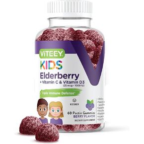 Sambucus Elderberry Gummies for Kids Immune Support Supplements with Vitamin D3 & Vitamin C - 3-1 Immune Booster - Vegetarian, Gelatin Free, Gluten Free, GMO Free - Tasty Chewable Berry Flavored Gummy