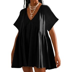 Womens Summer Mini Dress Casual Short Sleeve Loose V Neck Swing Sundress with Pocket