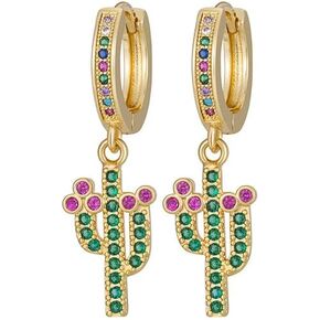 Cactus Drop/Dangle Huggie Earrings,Gold Plated Small Hoop Earrings with Charm | Lightweight | Multicolored Stones