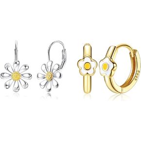 Milacolato Hoop Earrings for Girls 18K Gold Plated Sterling Silver Daisy Hoop Earrings Cute Small Cartilage Gold Earring Sterling Silver Leverback Earrings for Women Toddler Teens 2 Pairs