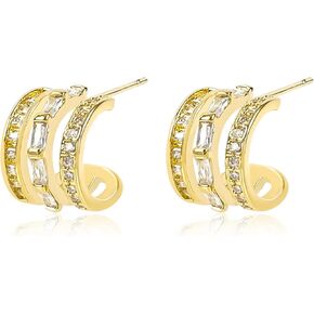 Gold Triple Hoop Earrings for Women 14K Gold Plated Cubic Zirconia Hoop Illusion Stud Earrings Claw Earring Cuff Open C Shaped Huggie Triple Hoop Earrings for One Hole Trendy Jewelry Gift for Girls