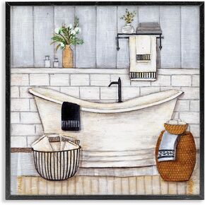 Stupell Industries Bathroom Farmhouse Style Tub Neutral Grey Drawing, Design by Yellow Café Black Framed Wall Art, 36x36, Blue