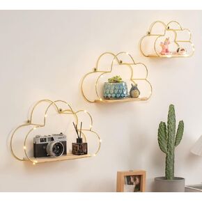 Golden Cloud Shape Floating Shelves with LED Lights Wall Decor,Gold Metal Wire and Wood Base Wall Mounted Shelf Decorations for Home Bedroom Living Room - Set of 3