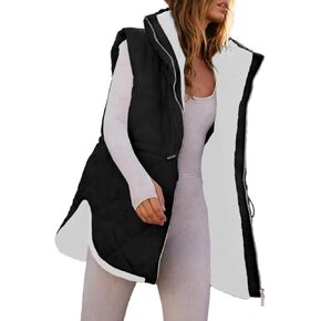 Dokotoo Womens 2024 Fall Reversible Vests Sleeveless Fleece Jacket Zip Up Stand Collar Long Warm Drawstring Coat with Pockets