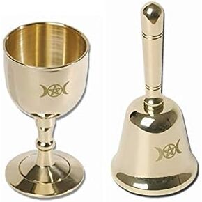 Mini Altar Bell and Altar Chalice, Triple Moon Goddess and Pentagram Wiccan Supplies and Tools, Altar Ritual Kit