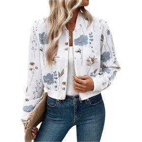 MakeMeChic Women's Floral Print Collar Long Sleeve Zipper Front Cropped Jacket Outwear Baseball