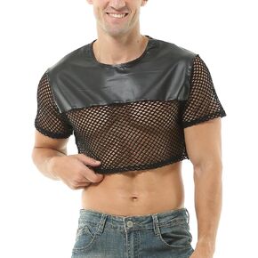 FEOYA See Through Fishnet Top Mesh T Shirts for Men Transparent Pu Tee Round Neck Long Short Sleeve Party Club Top