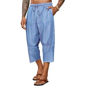 Runcati Mens Harem Capri Jeans Casual Tapered Elastic Waist 3/4 Shorts Cotton Hippie Yoga Lightweight Pants in Saudi Arabia