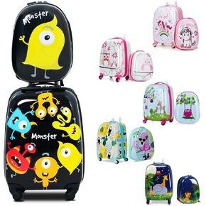 KOTEK Kids Carry On Luggage Set, 16" Hardside Rolling Suitcase with Spinner Wheels, Travel Rolling Luggage for Boys Girls (Monster)