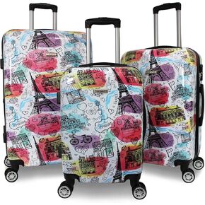 World Traveler Dejuno Parisian Landmarks Hardside Lightweight Polycarbonate Expandable Spinner Luggage, Multicolor, 3-Piece Set(20in,24in,28in)